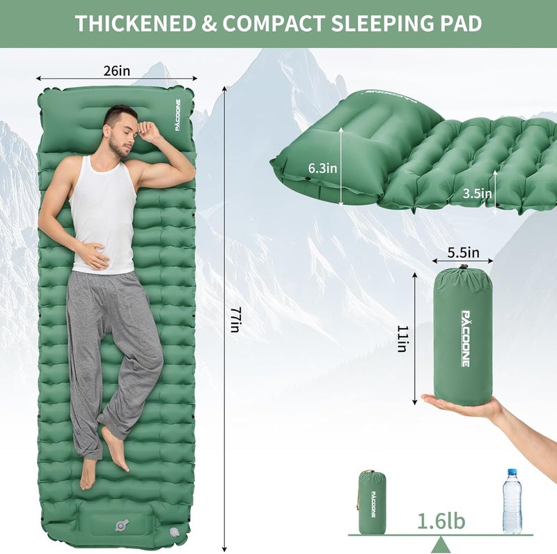 PACOONE Camping Sleeping Pad, Connectable Design for Double Mat, Ultralight Inflatable Sleeping Mat with Pillow, Built-in Foot Pump, Portable Camping Air Mattress for Backpacking Hiking Tent (Green) - Image 3
